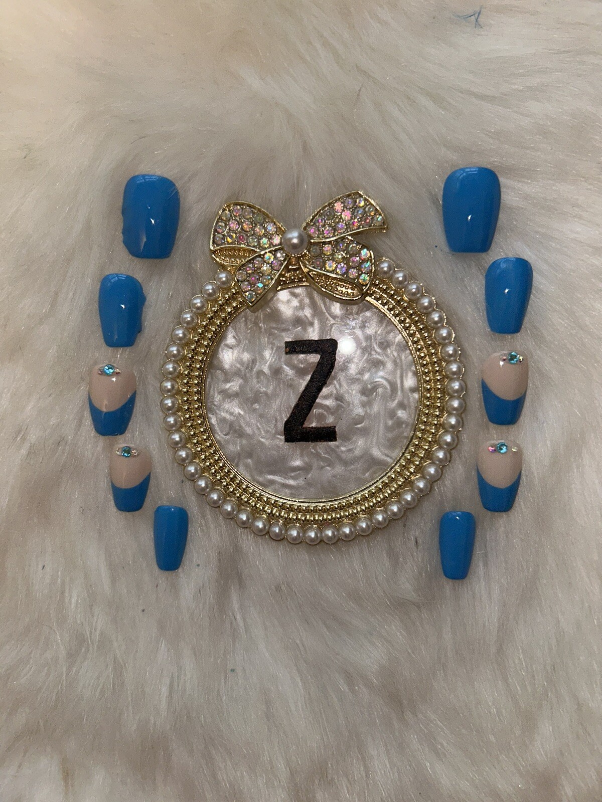 Z NAILZ! Handmade Nude/Turquoise M Coffin Shiny French Press On Nails