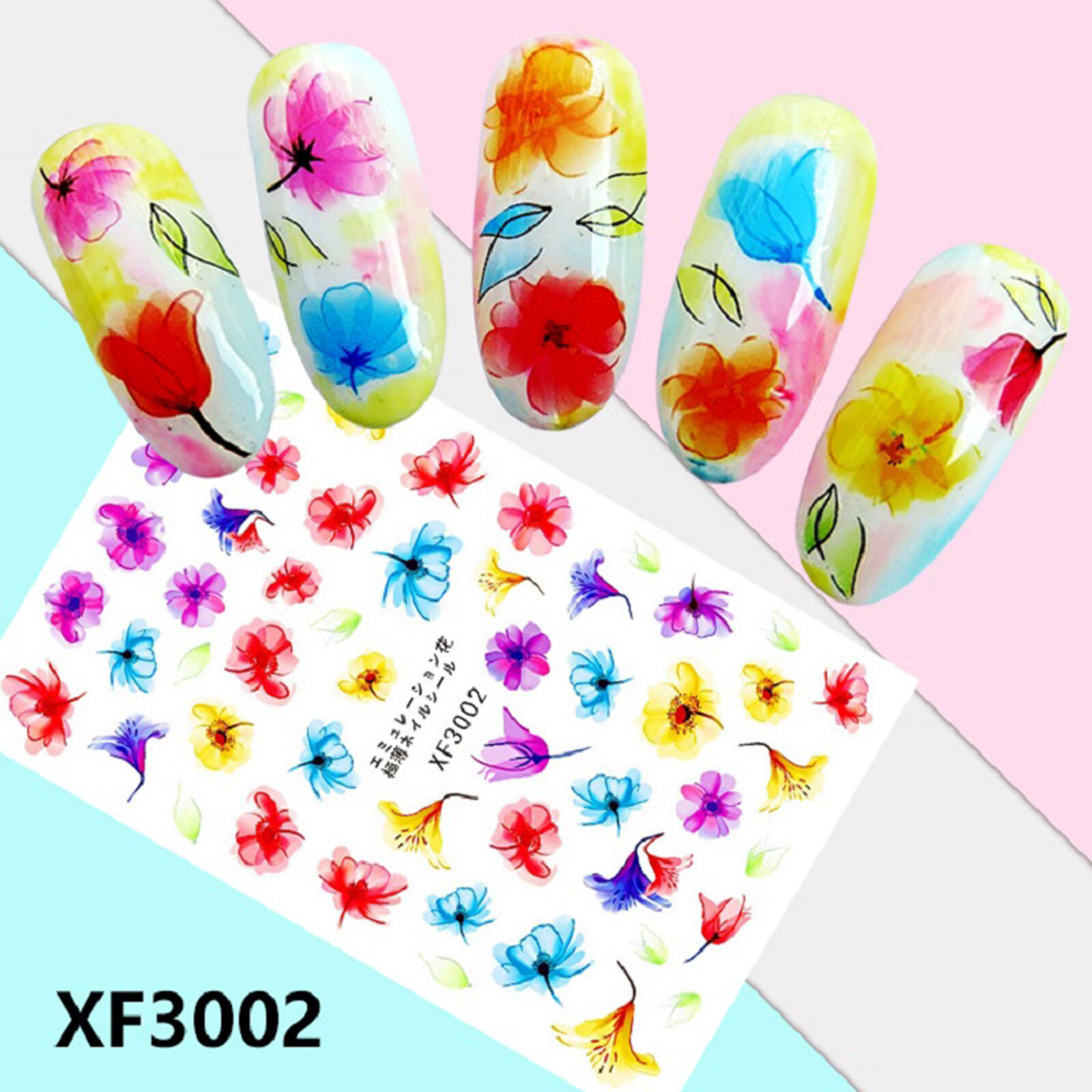 Nail Art 3D Decal Stickers beautiful pink blue yellow purple flower XF3002