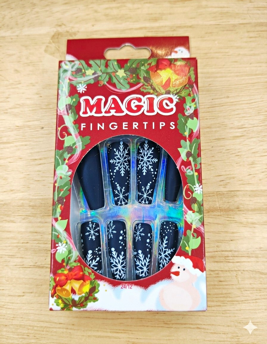 Magic Black/White Snowflake Christmas Long Coffin Matte Press-On Nails Set