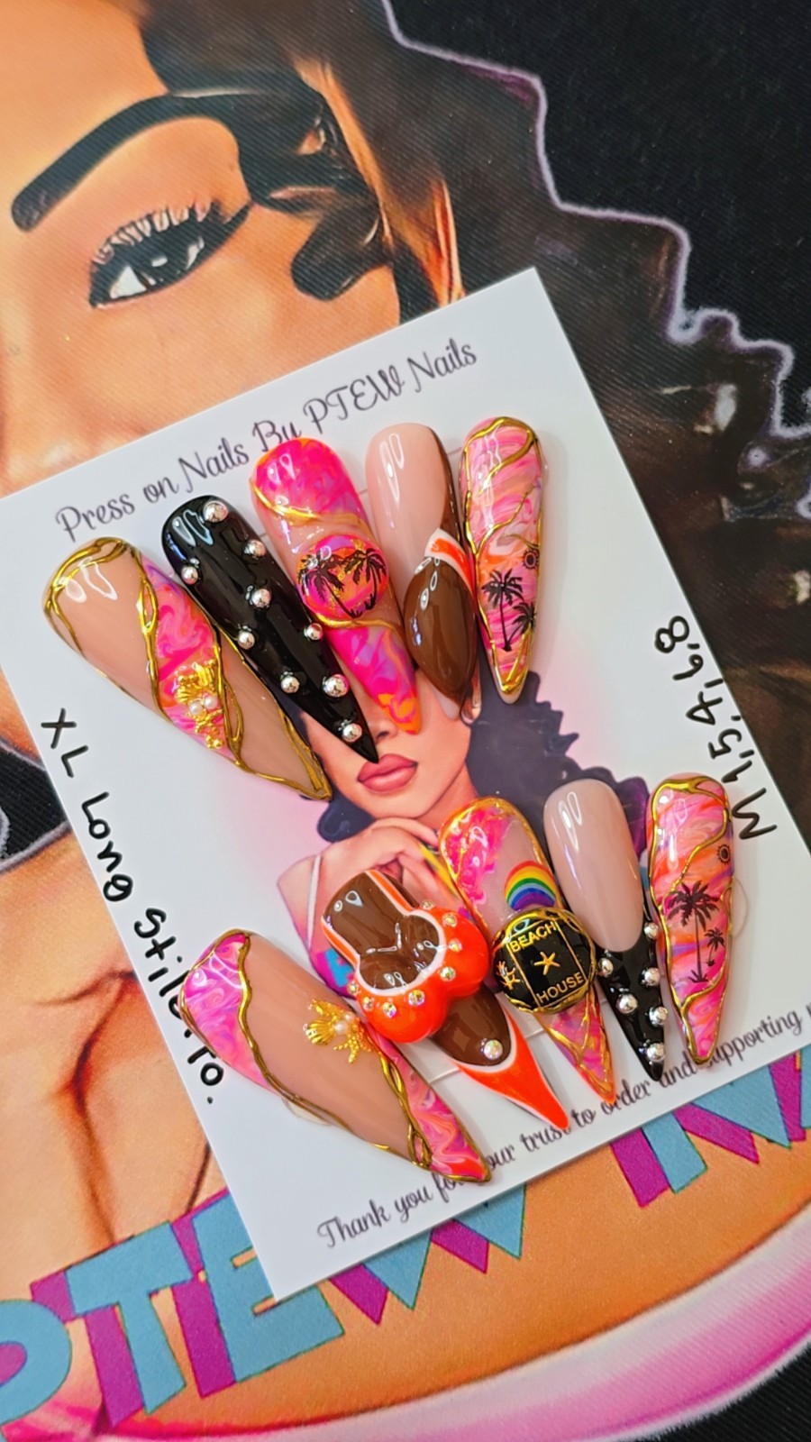 Handmade Gel Press On Nails,3D Summer Set Medium Size 1,5,4,6,8 XL Long Stiletto