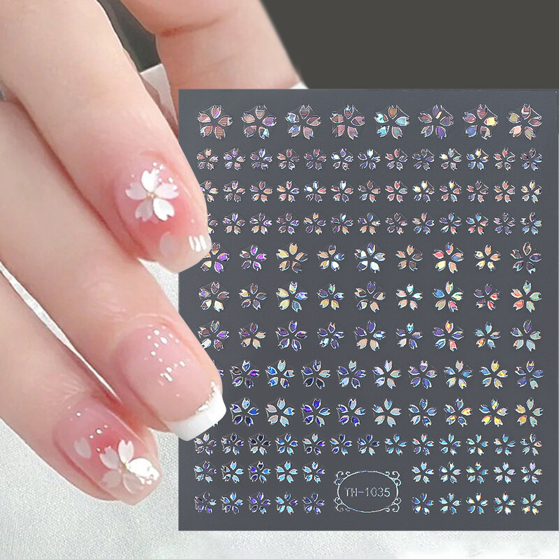 1 Sheet Nail Art Stickers Sakura Gradient Flower 3D Laser Cherry Floral Decals