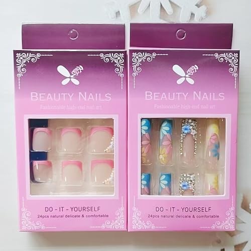 48Pcs Summer Flower Press on Nails Long & Press on Toenail for Girls Nail