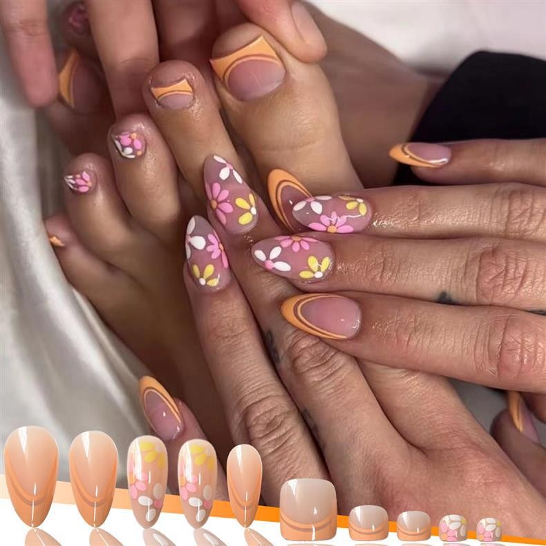 Vibrant Orange French Daisy Press On Nails Summer Nail Kit