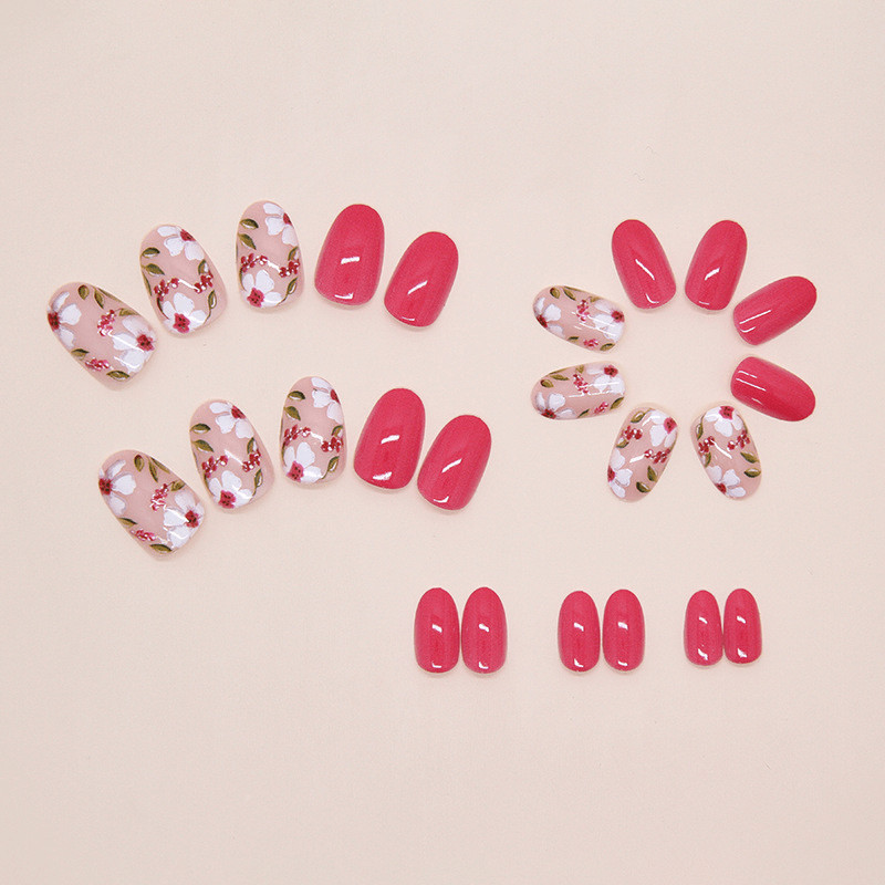 48Pcs-Short Oval Hot Pink Solid Hand Painted Floral Press on Nails Set