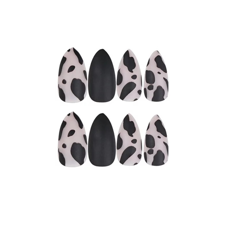 24 Press on nails kit w glue Matte black cow print mid frosted clear