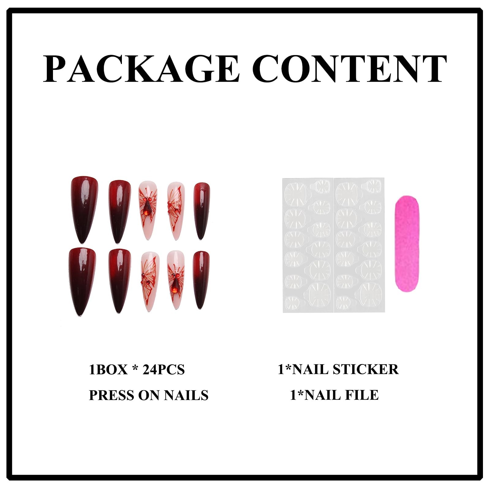 Long Stiletto Press on Nails Black Red Ombre Fake Nails, Butterfly Goth Acryl…