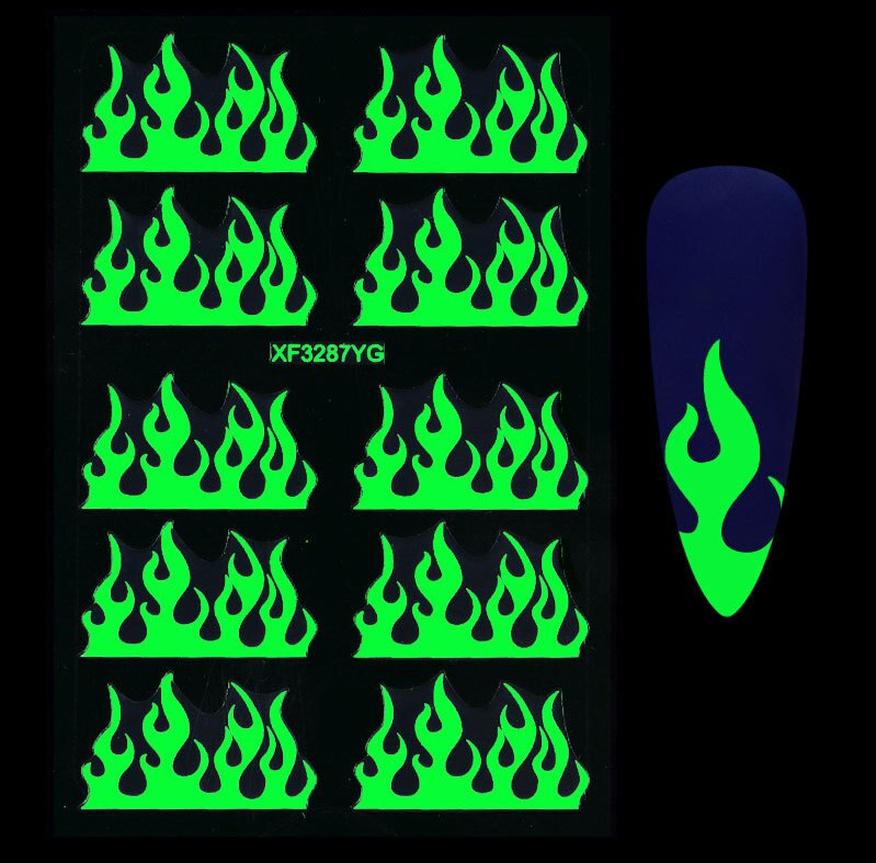 Holographic Fire Flame Glow in the Dark Nail Stickers Decals Luminous Color NH21