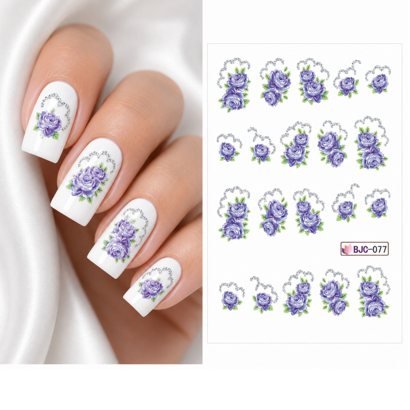 Purple silver Flower Nail Decals Water Transfer Botanical Floral Manicure Art