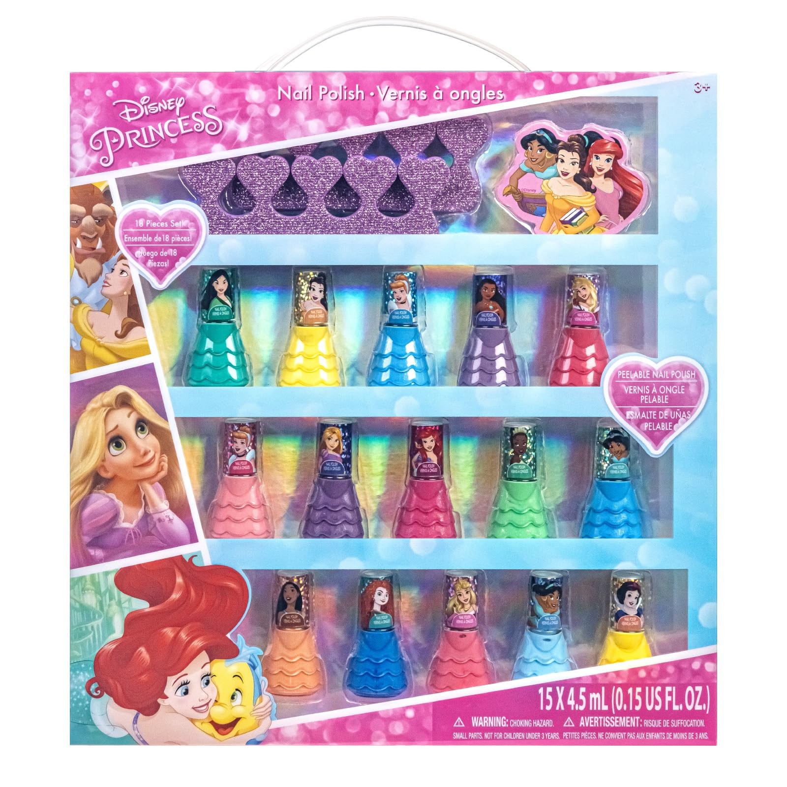 Disney Princess 15 Piece Water-Based Nail 2.25 Fl Oz (Pack of 1), Multicolor