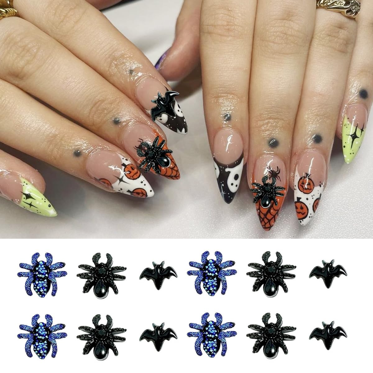 60Pcs Halloween Nail Charms Glitter Blue Spider Nail Rhinestones 3D Resin Bla…