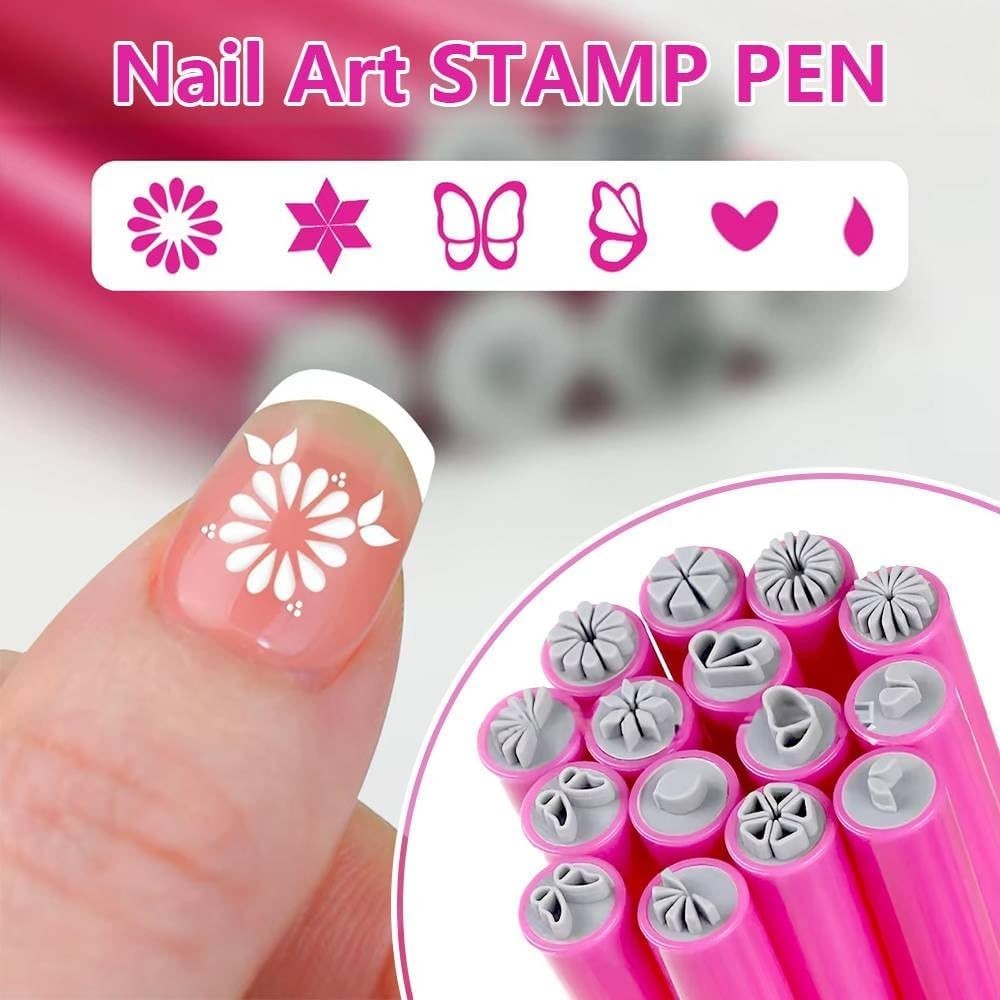 15 PCS Nail Art Stamp Pen Set, Different Flower Rose Butterfly & Dotting Pattern