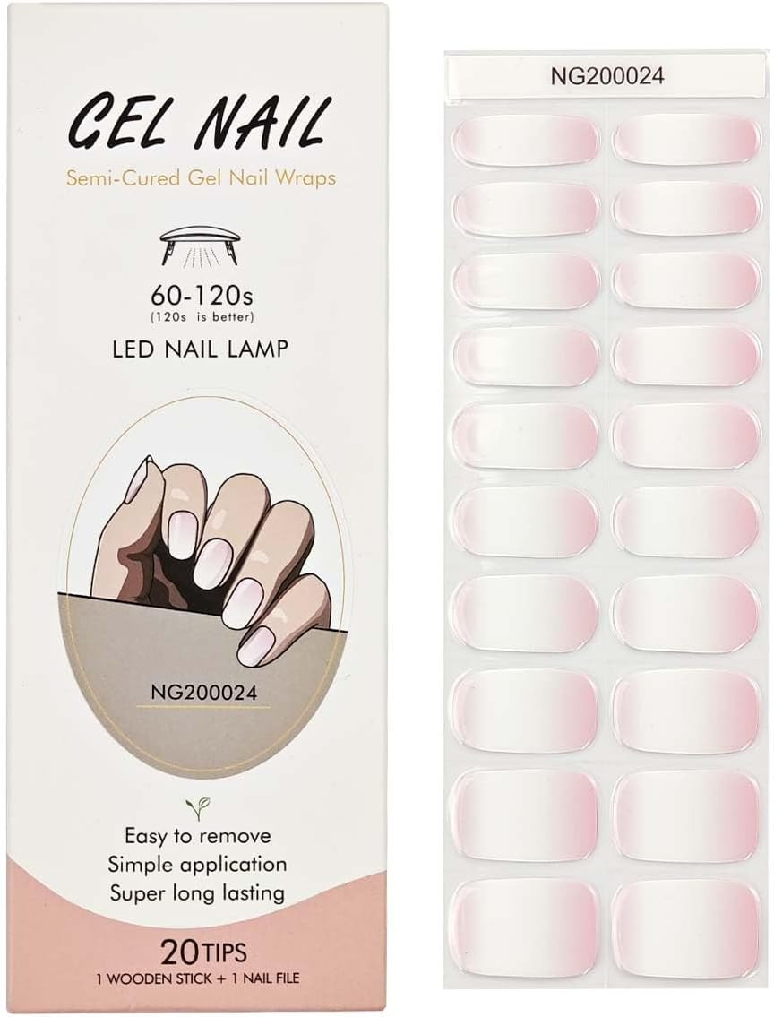 Semi Cured Gel Nail Strips 20 Pcs Gradient Pink Gel Nail Wraps, Stickers, UV