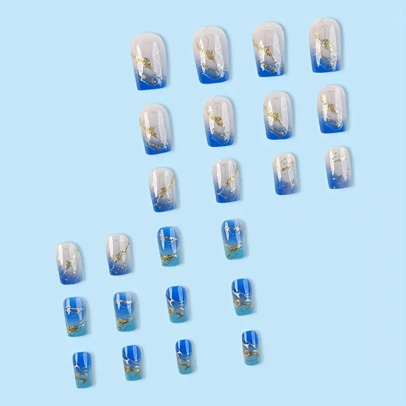 48 Pcs 2 Boxes Short Blue Gradient Press-On Nails Gold Metallic Marble Waves NIB