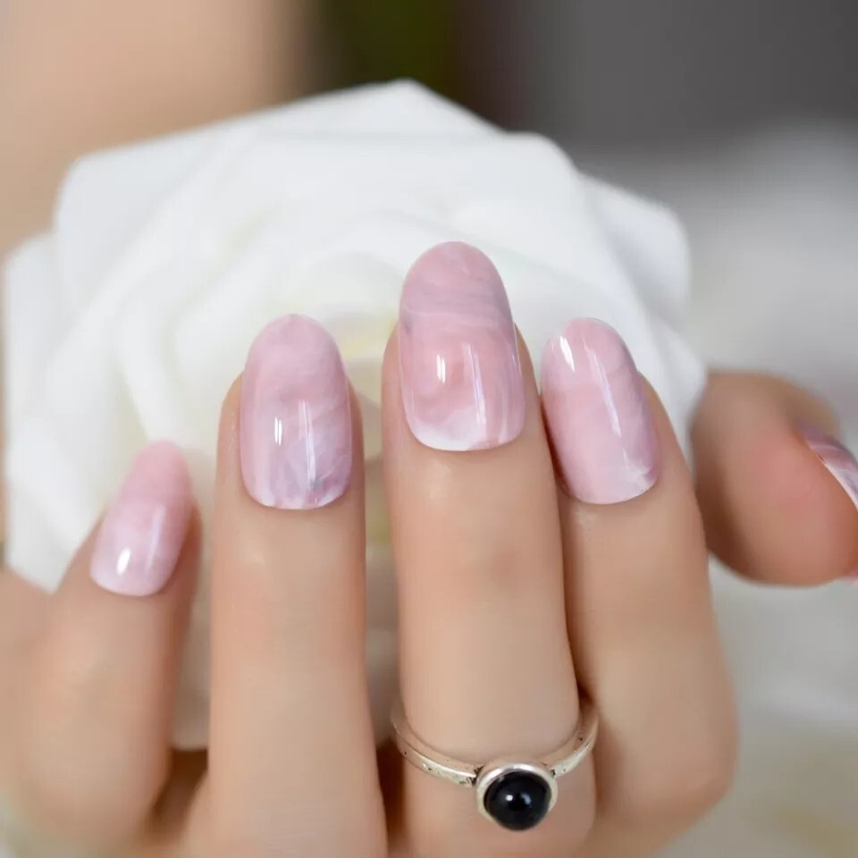 24 Rose Quartz Press On Nails Glue On Kit Pink Marble Almond oval short medium