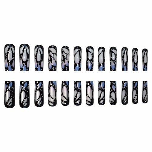 Long Square Press on Nails Blue Ombre French Tip Fake Nails 211-08 BlueBlack