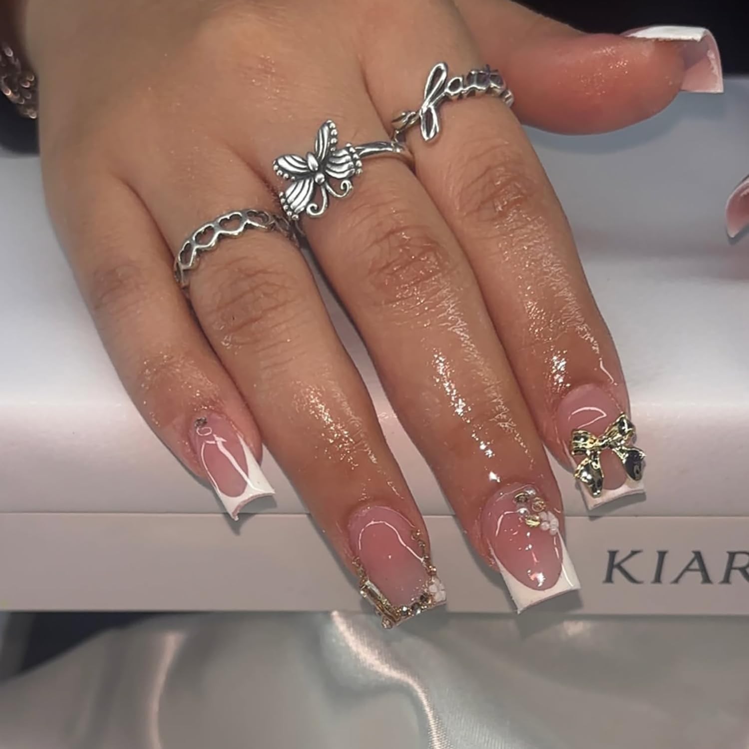 Spring French Press On Nails Medium Square Fake Nails Pink Full Cover False N…