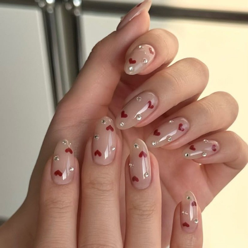 48Pcs-Sweet Oval False Nails Nude Red Heart Clear Rhinestone Press on Nails