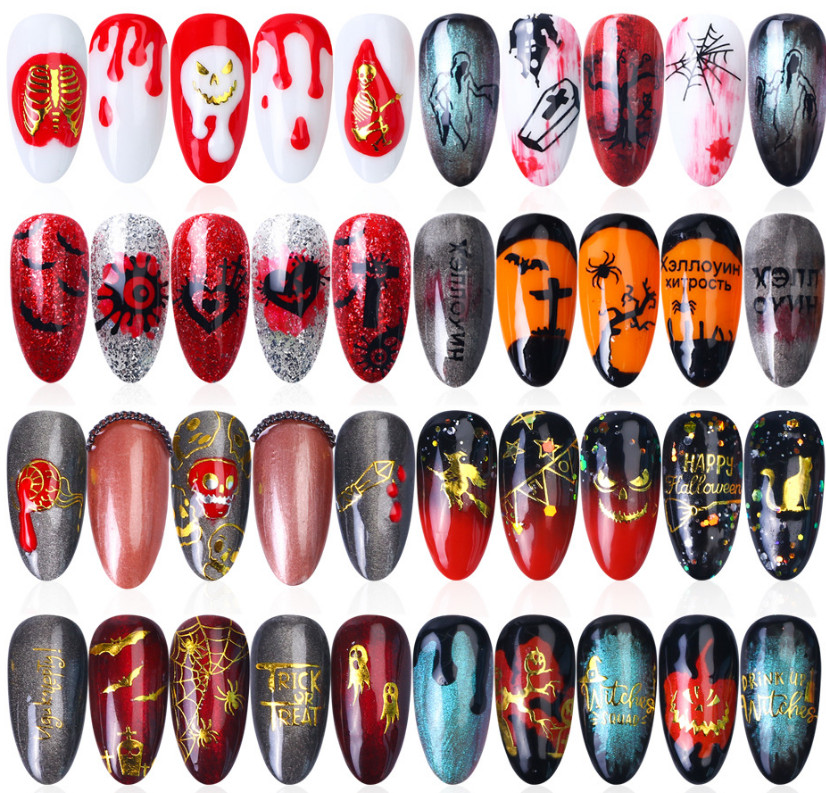 Nail Stickers Halloween Cross Bat Witch Pumpkin Skull Spider Decal DIY NH15