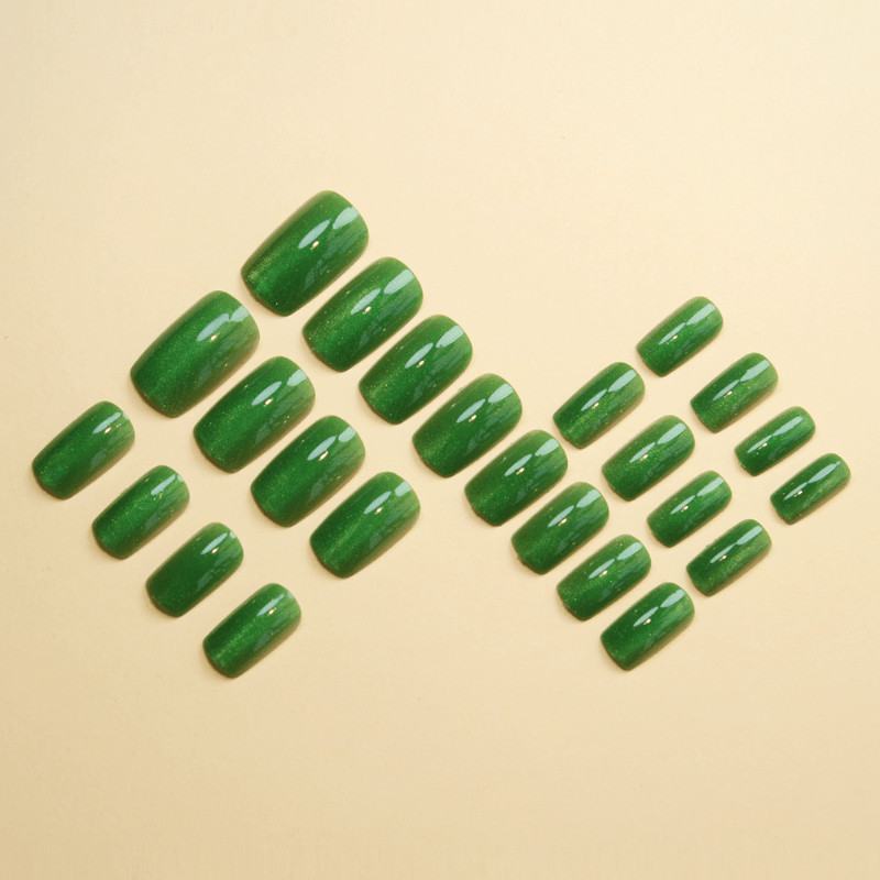 48 Pcs Dark Green Cat Eye Short Square Press on Nails, Elegant Daily Fake Nails