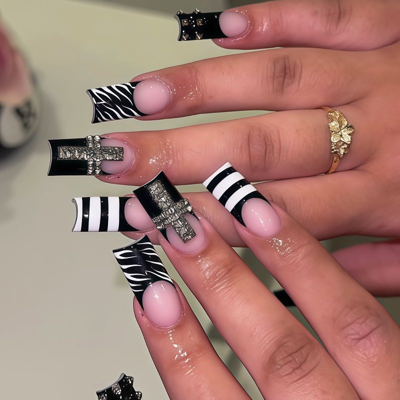 48Pcs Coffin Press on Nails, Black White Zebra Rhinestone Cross Cool Fake Nails