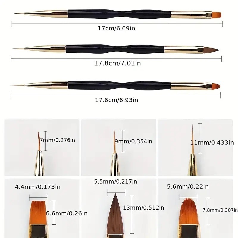 3PCS Double-Ended Nail Art Brush Set | Black Handle Gel Painting & Liner Brushes