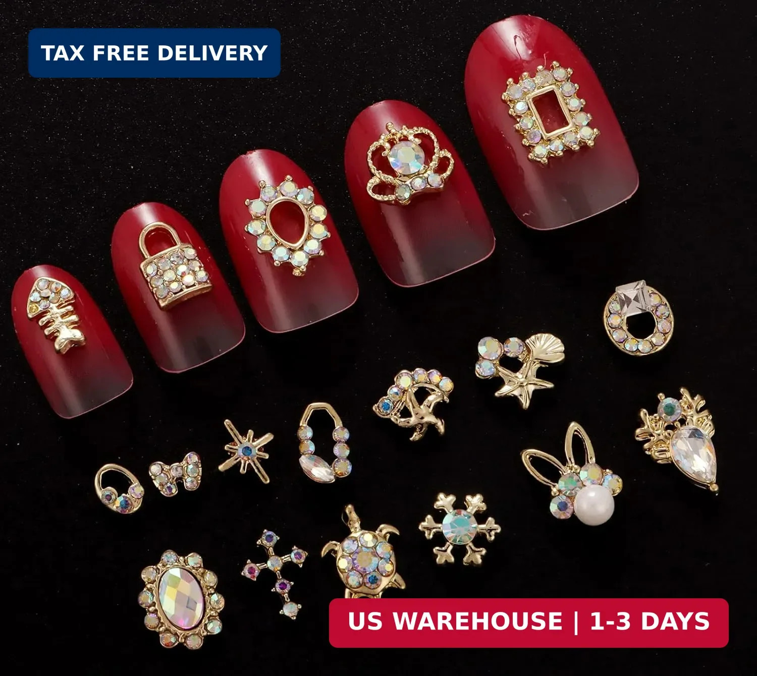 1 Pack of 50 pcs Gold Rhinestones for Nails 3D Nail Charms for Acrylic Nails Nai