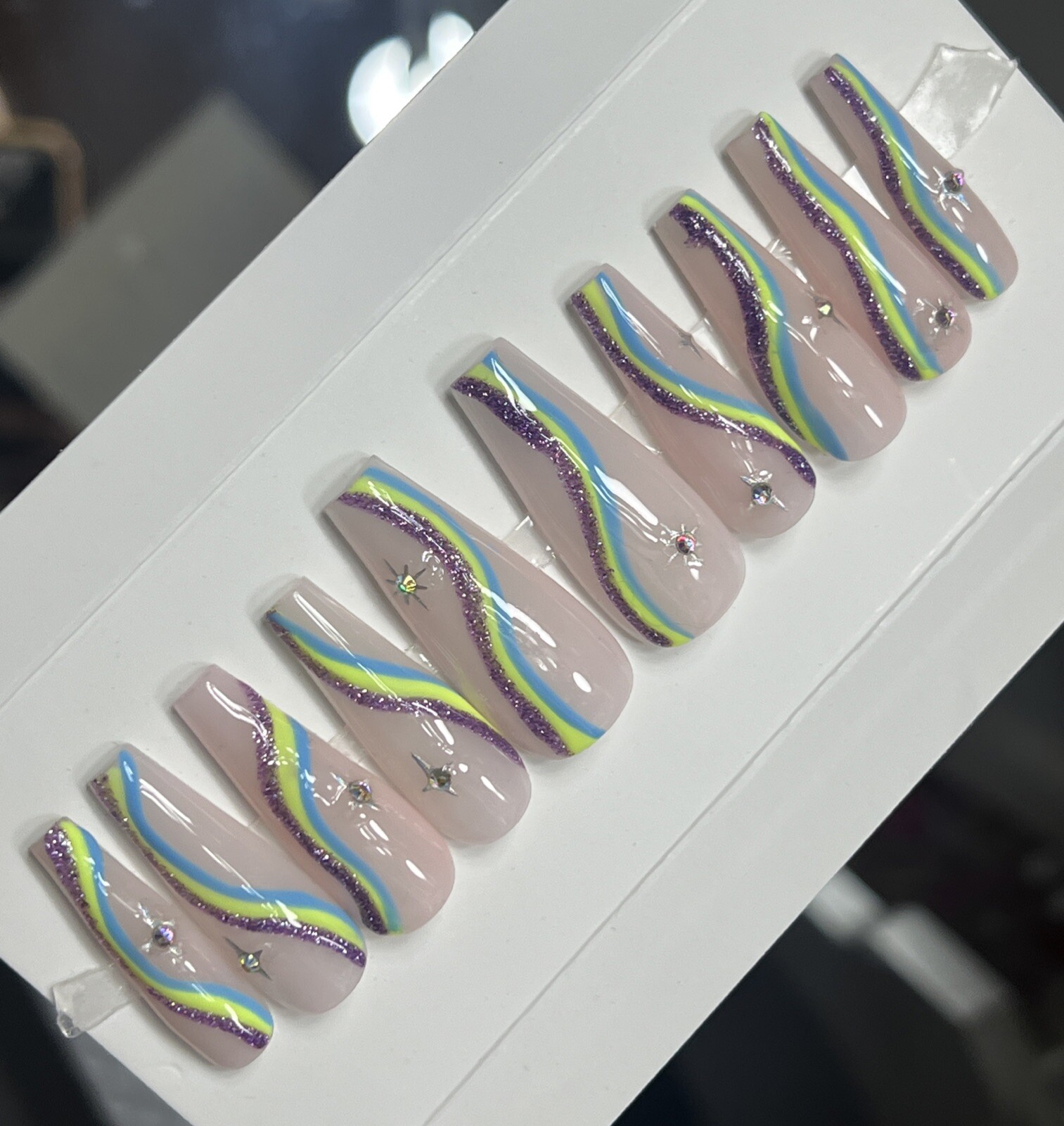 🔥CUSTOM Gel Press On False Nails, Nude W/ Bling ,Long Coffin,10p Mediun NEW