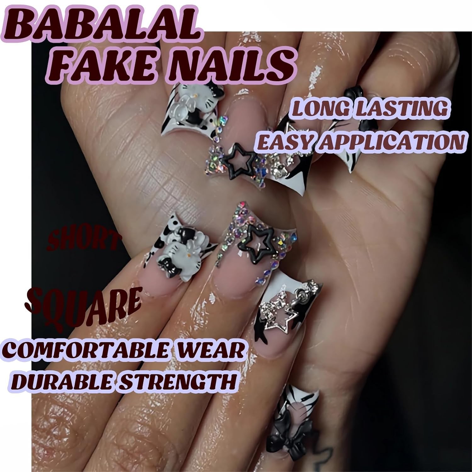 French Tip Press on Nails Short Square Fake Nails with Bow Charms Designs Bla…