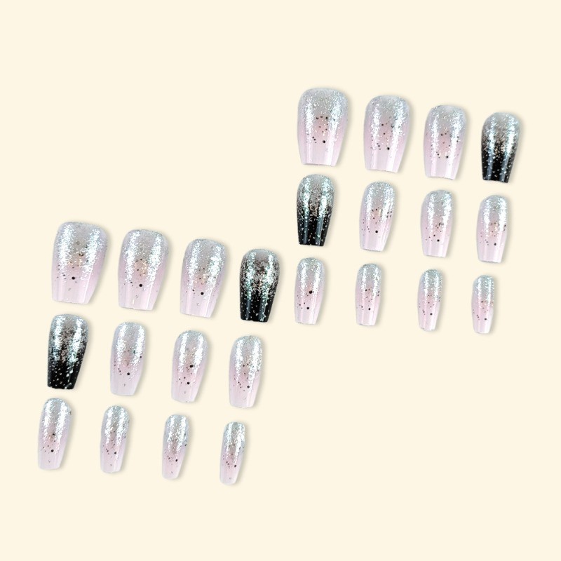 48pcs-Elegant Black & Silver Nails, Press on Coffin with Sparkly Ombre Effect