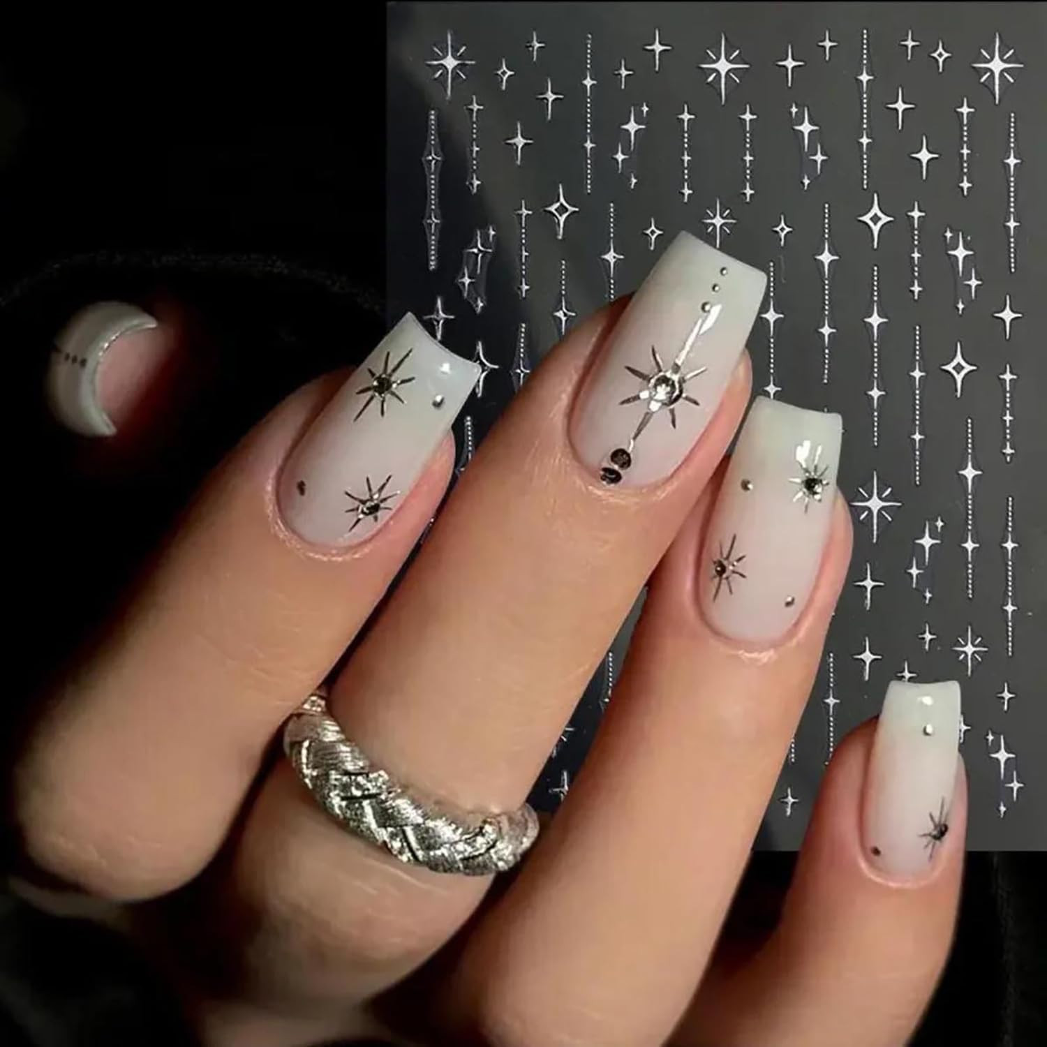 6 Sheets Stars Nail Art Stickers 3D Self -Adhesive Gold Silver White Black Laser
