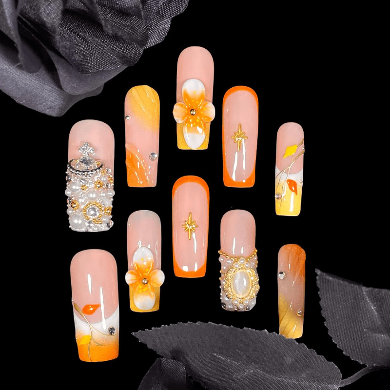 Handmade Long Square Nails Peach Orange Ombre 3D Flower Pearl Rhinestone