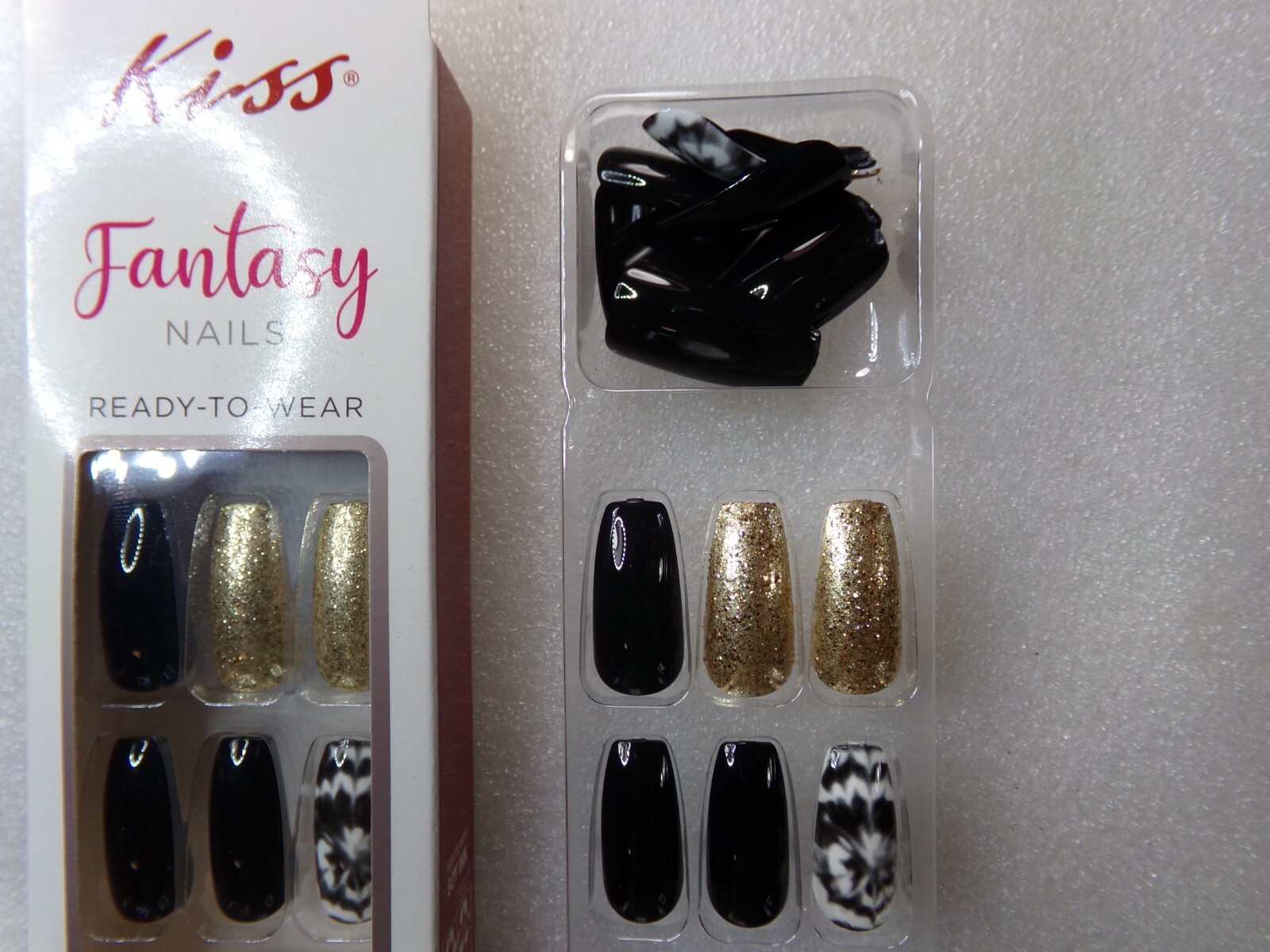 3 PACKS KISS NAILS GLUE ON Black & White & Gold Glitter Tie Dye LONG, COFFIN