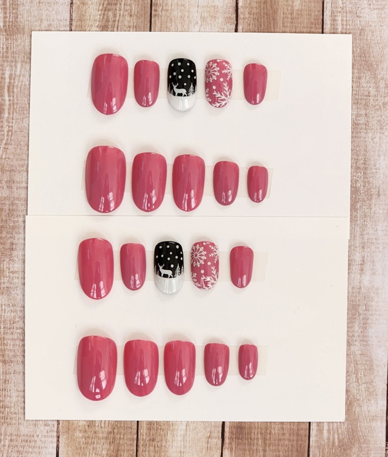 Custom Press On Gel Nails Handmade Pink Black Deer Snowflake Oval Short 20 Tips