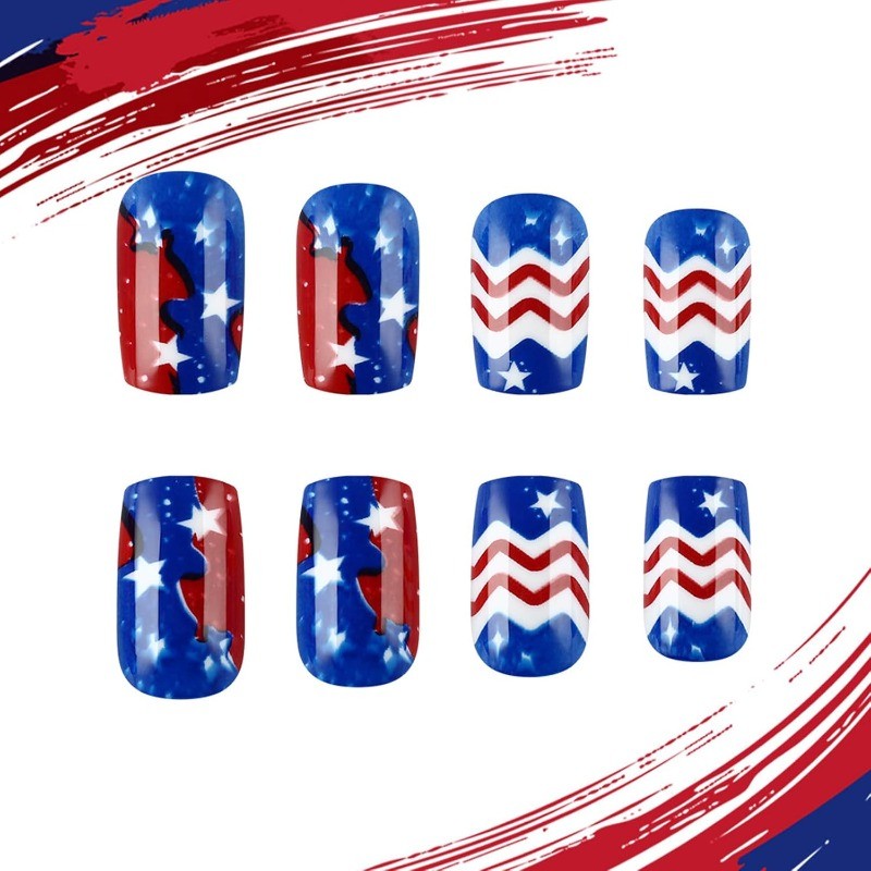 48pcs-USA Themed Press on Nails with Fireworks, Chevron and Stars, Glossy Square