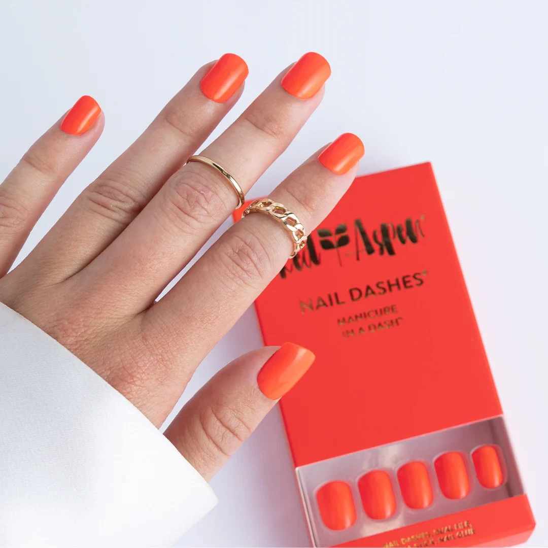 Red Aspen Press On Nails-Orange Red, Ravia Short Square Red