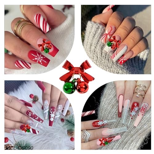 12Pcs Christmas Nail Art Charms Bow Bell Nail Rhinestones 3D Jingling Bell