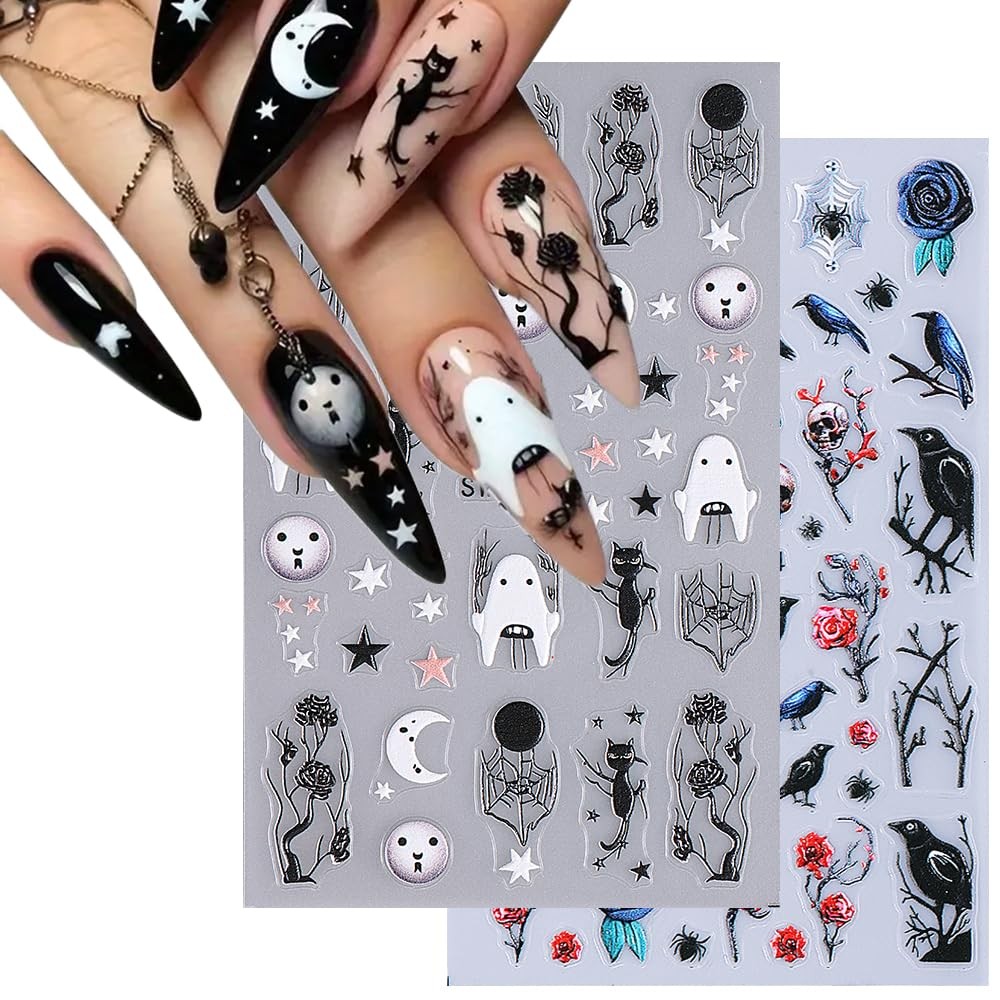 2Pcs Halloween 5D Nail Art Stickers – Black Red Roses Crow Skulls and Black C…