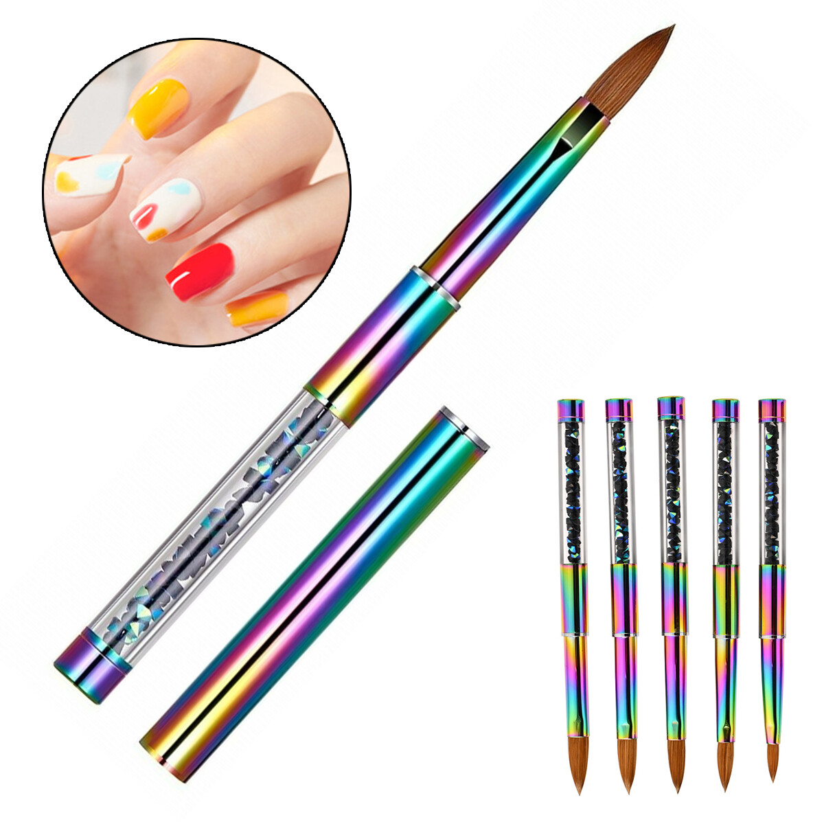 100% Kolinsky Acrylic Nail Brush With Cap Rainbow Crystal Handle 6-14 (CRIMPED)