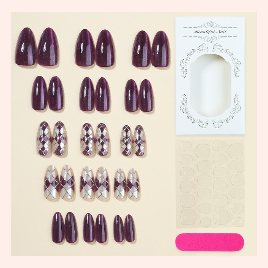 60pcs-Cat Eye Press on Nails Purple Almond Plaid Gold Lined Ornament Accents