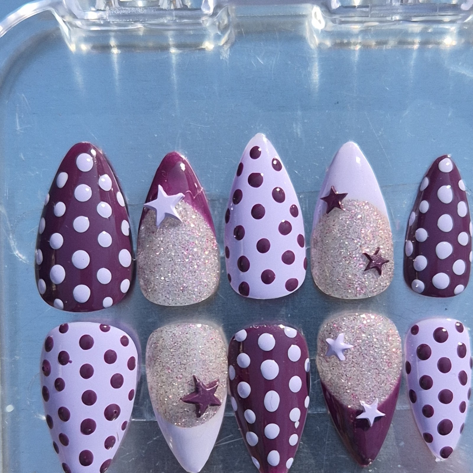 Purple White Silver Glitter Star Polka Dot Stiletto Press-On Nails Long Full Co…