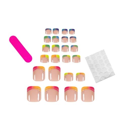 24Pcs French Toe Nail Press ons Pink Fake Toe Nails for Women Short Square W1