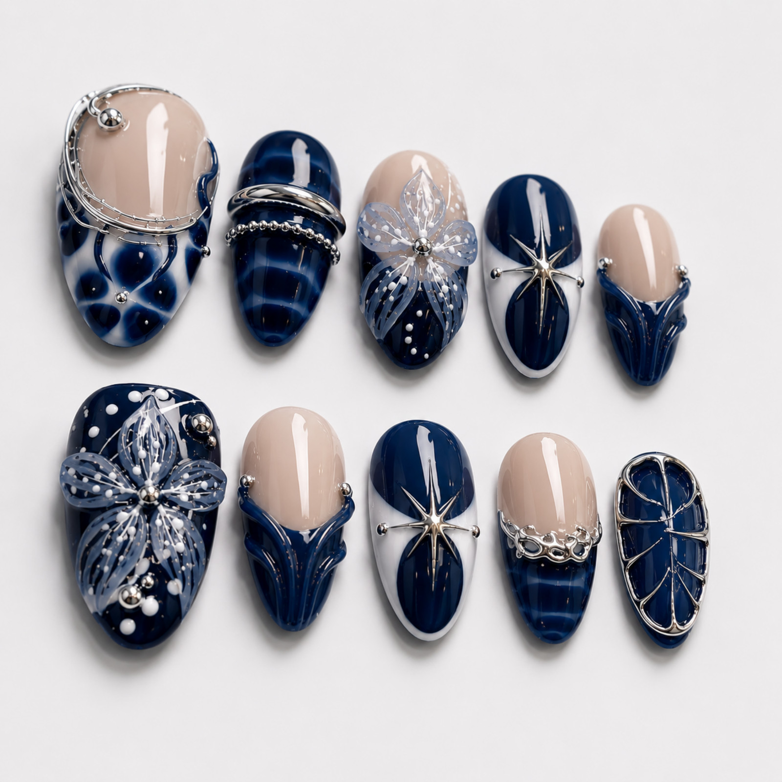 Handmade Navy Blue Nude 3D Floral Press On Nails Silver Chrome Set