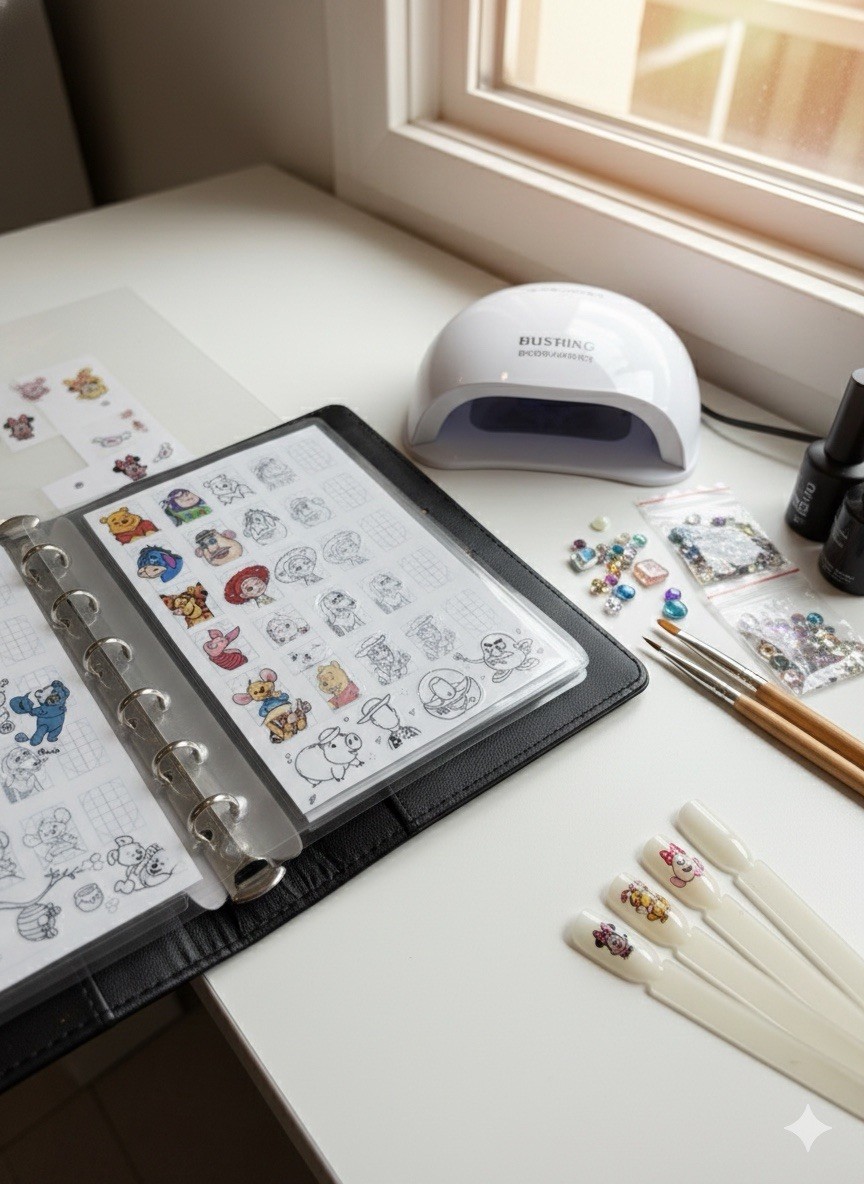 Cartoon Character Nail Art Sticker Book-20 Laminated Pages, Pro Brush & Glue Set