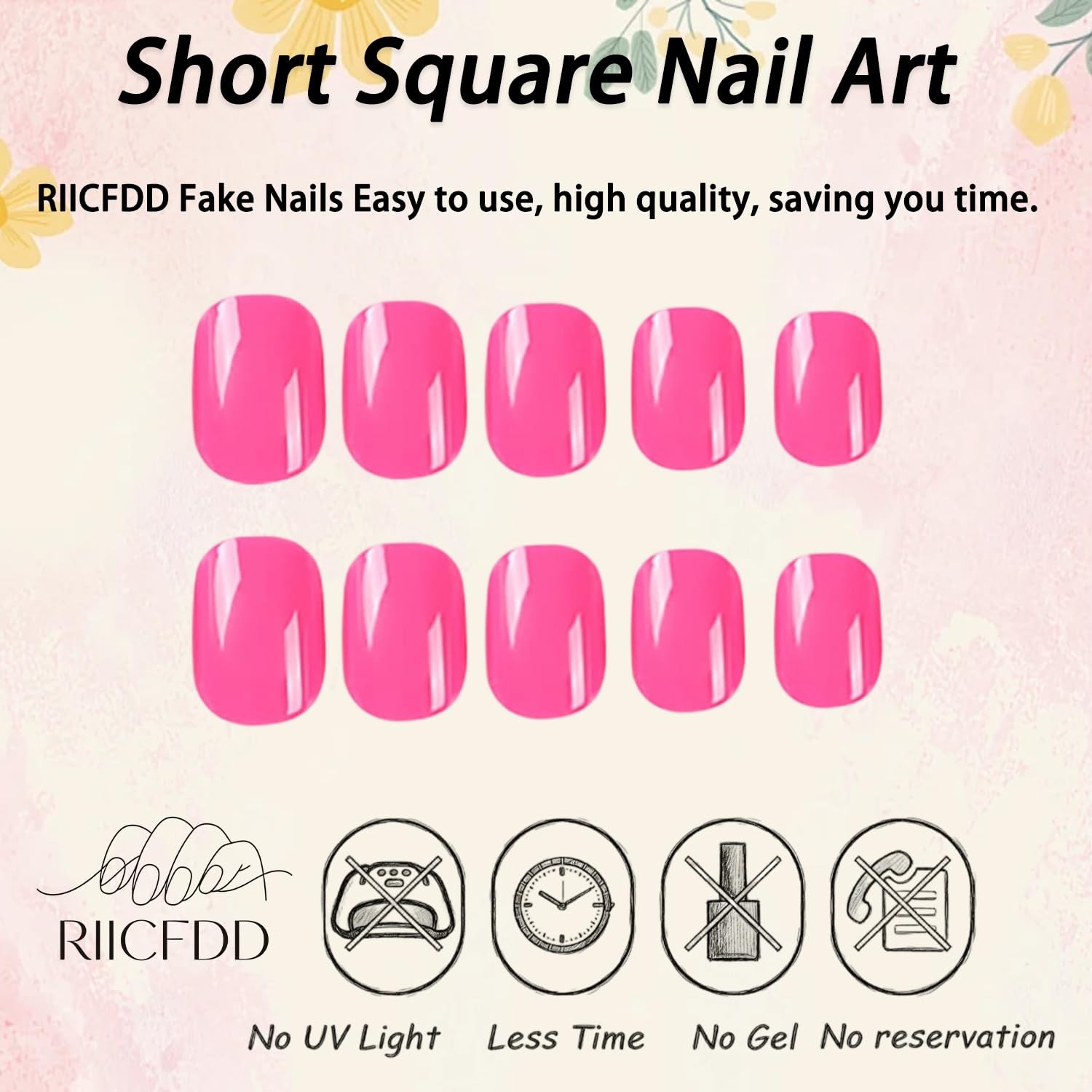 RIICFDD Bright Pink Glossy Short Square Press on Nails