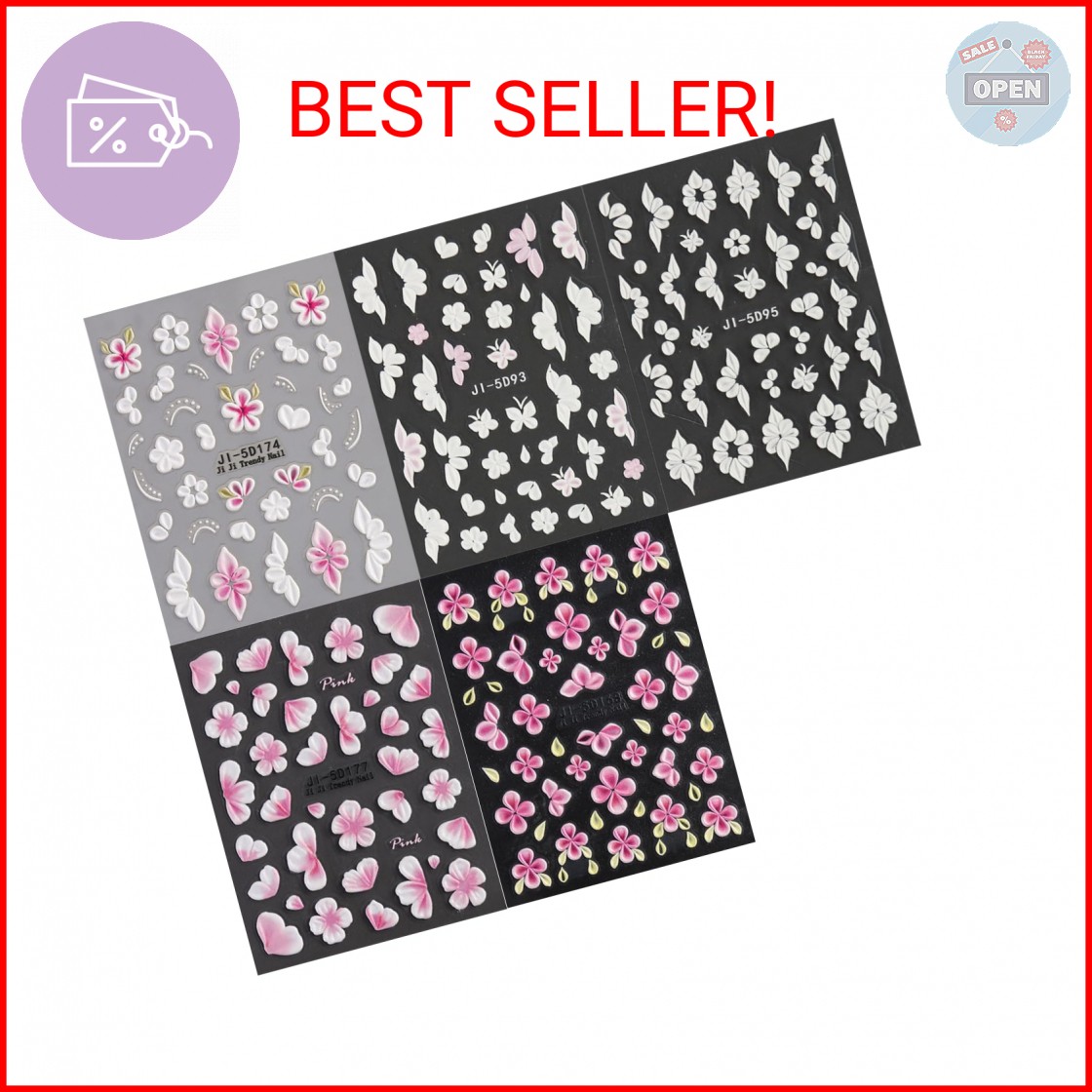 Fspronail 5D Embossed Flowers Nail Art Stickers, 5PCS Self-Adhesive Pink White F