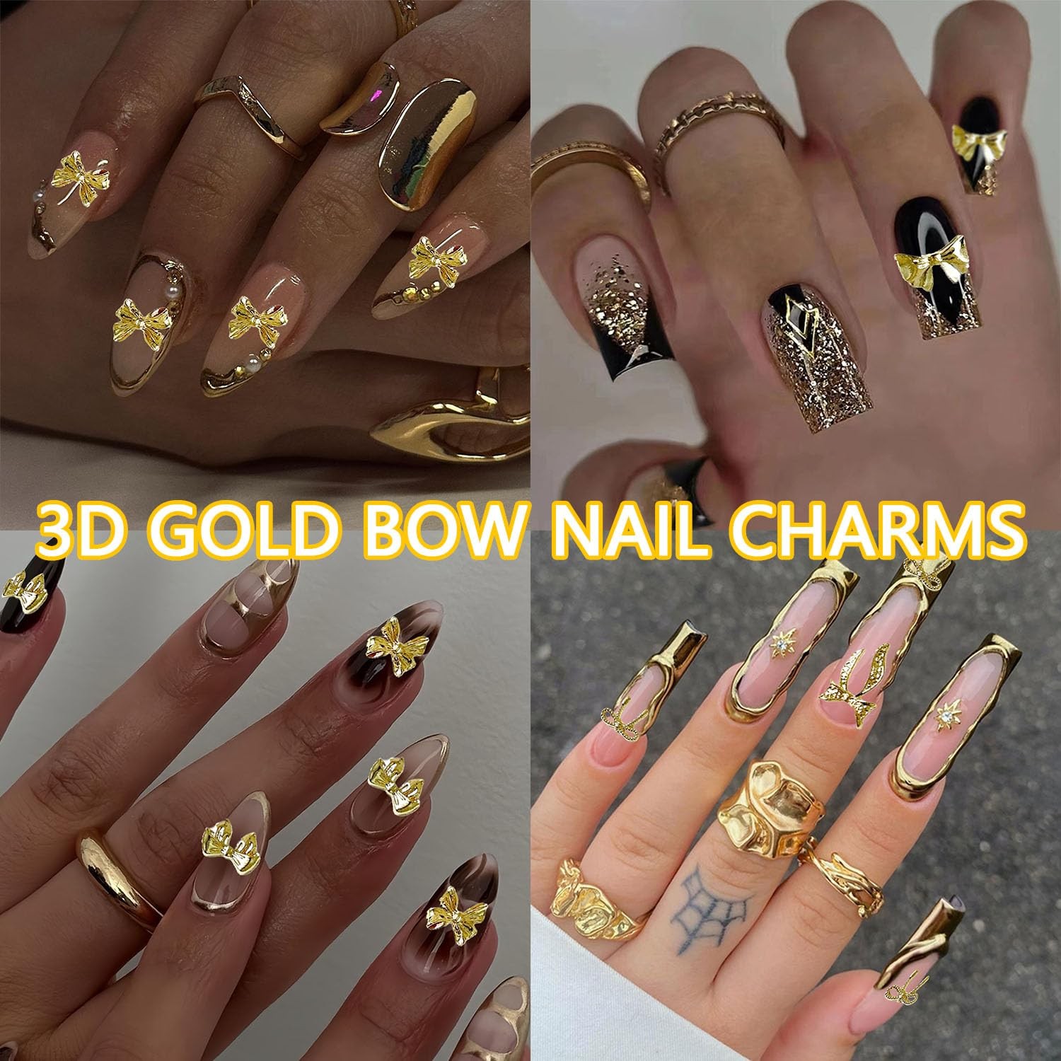 120Pcs Gold Bow Nail Charms, 3D Metal Alloy Bowknot Art Golden Bows 01