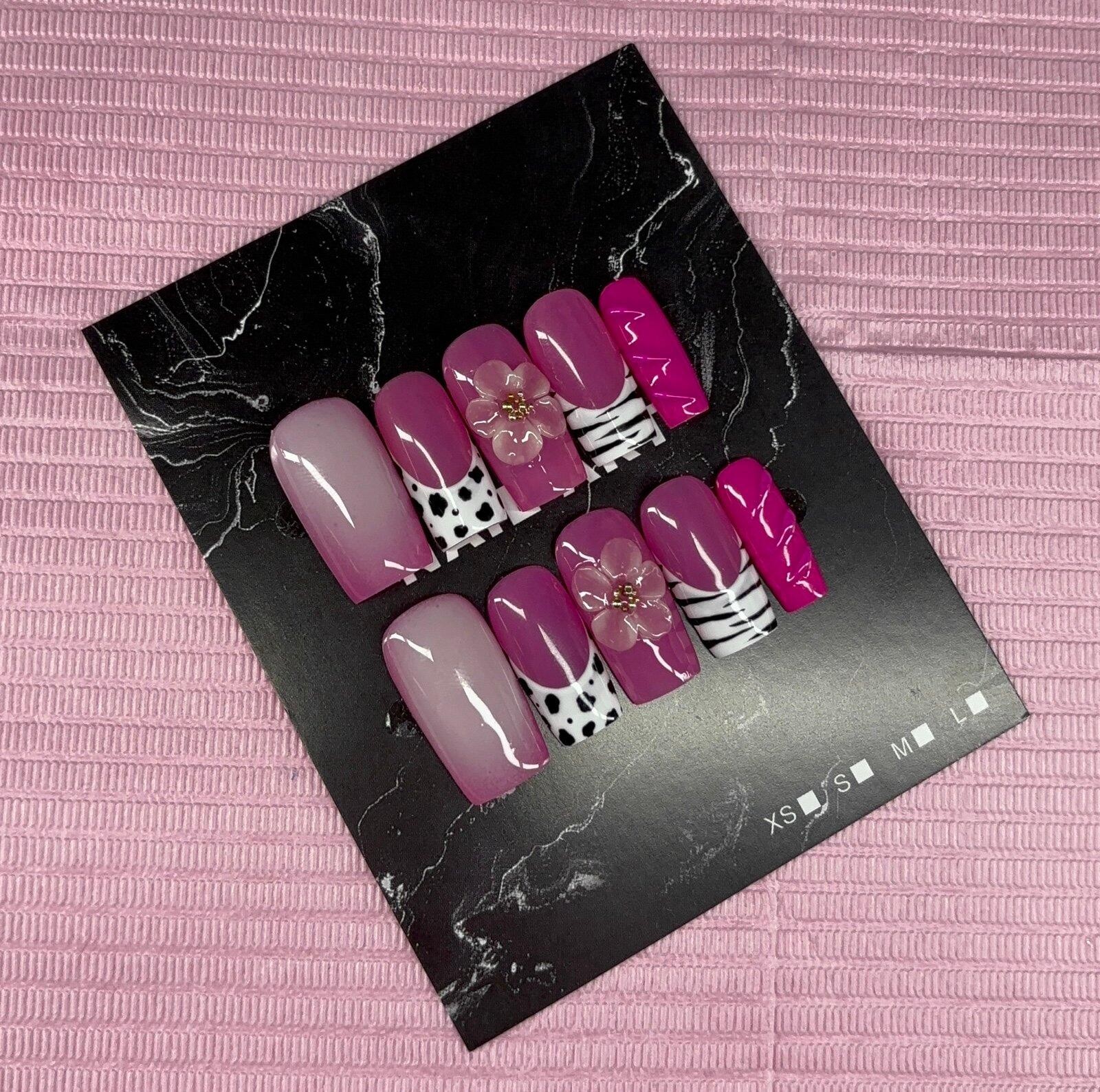 Medium square press on nails animal print 3d gel flower aura