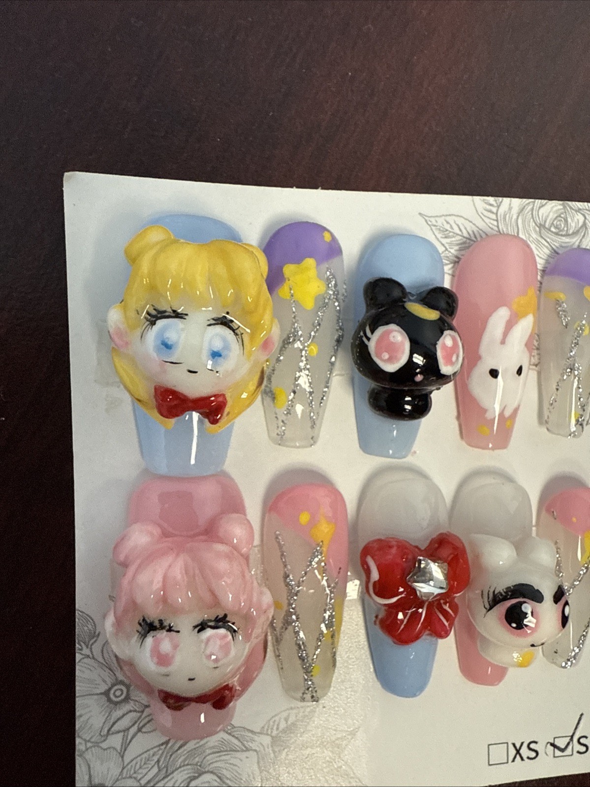 Hand Painted Sculpted 3D SAILOR MOON Press On Nails Coffin Size S