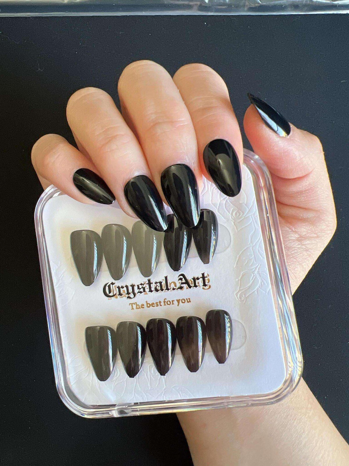 Press On Nails Last Long,Onyx Black Short Almond Soft Gel and Super Hold Glue