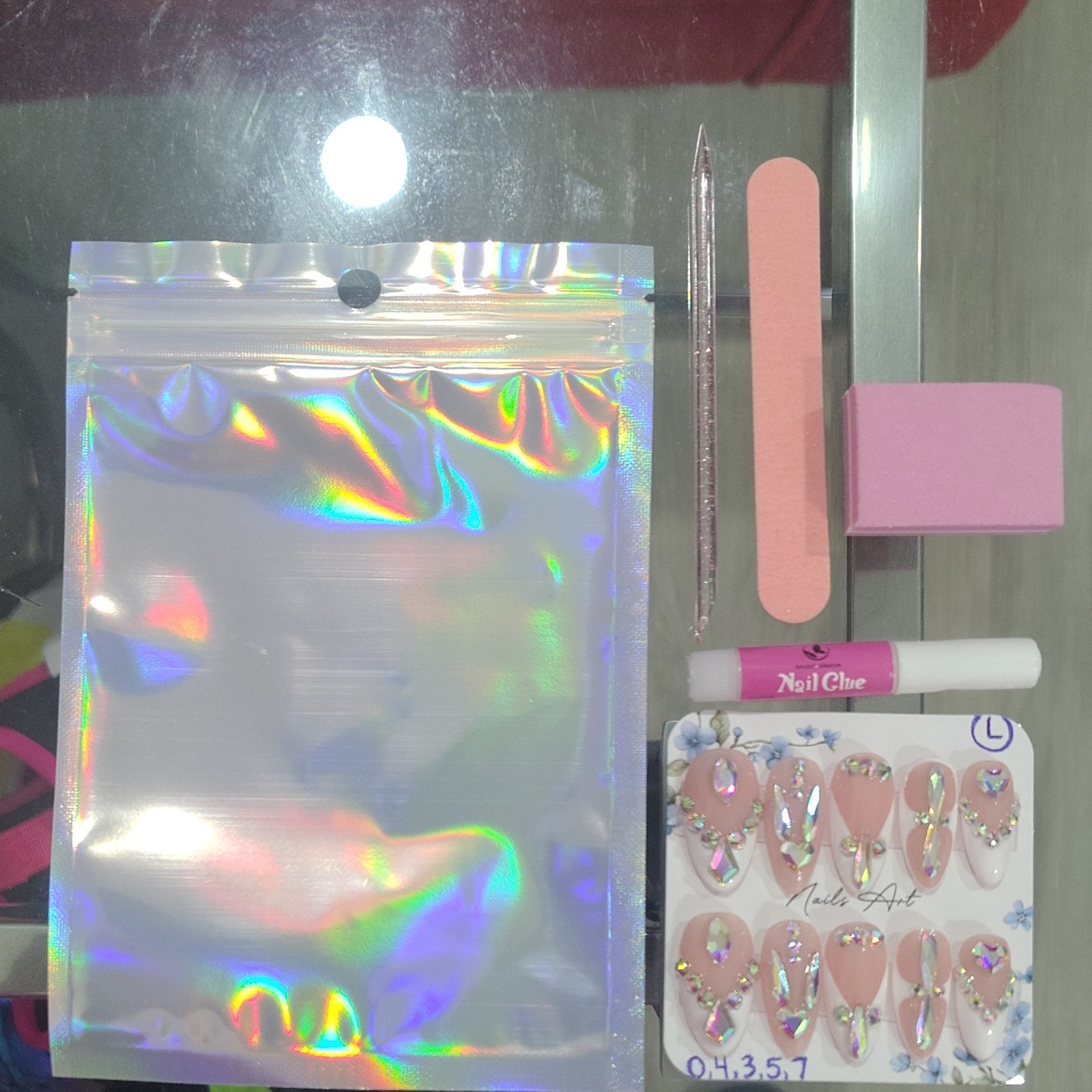 3D Rhinestone Press-On Nails Pink White Long Almond Full Cover Size Large